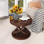 VIYET 20 Retro Round Wooden End Table - X-Shape Base, Solid Wood Veneer, Walnut