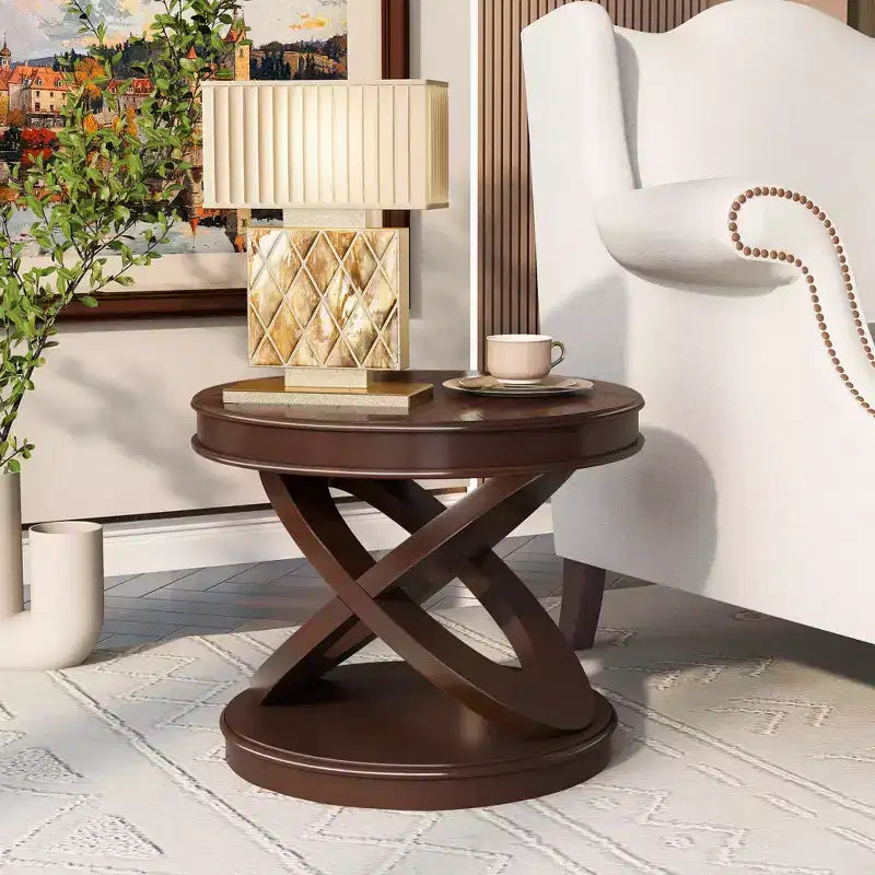 VIYET 20 Retro Round Wooden End Table - X-Shape Base, Solid Wood Veneer, Walnut