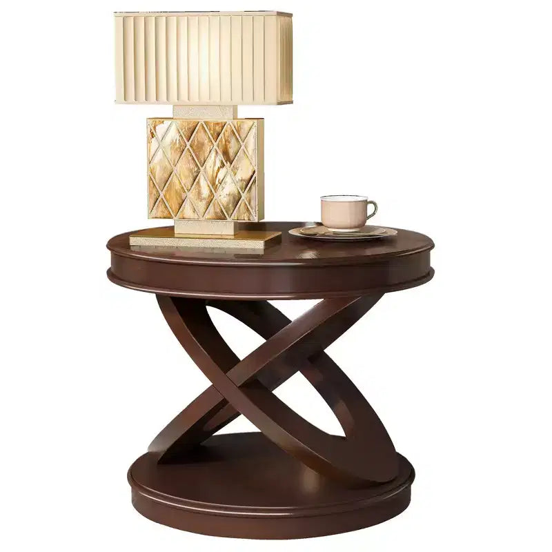 VIYET 20 Retro Round Wooden End Table - X-Shape Base, Solid Wood Veneer, Walnut