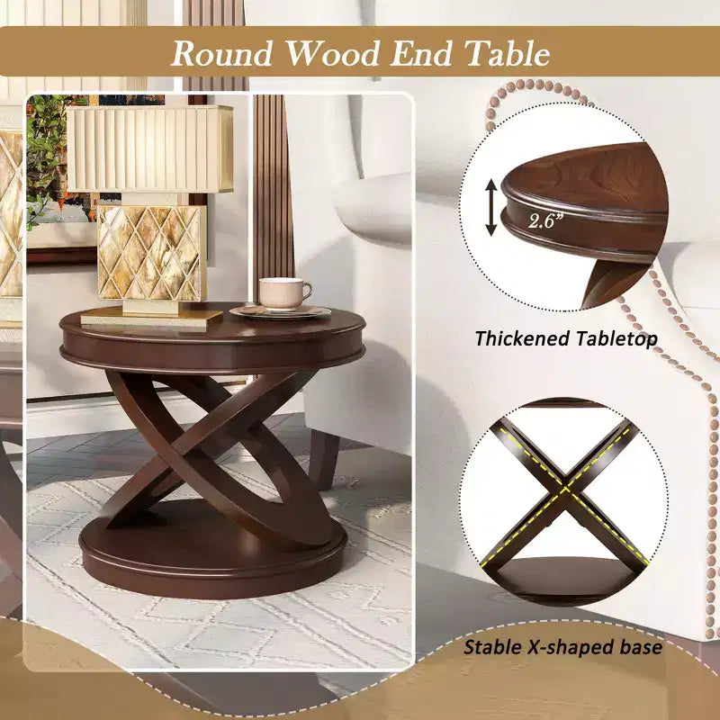 VIYET 20 Retro Round Wooden End Table - X-Shape Base, Solid Wood Veneer, Walnut