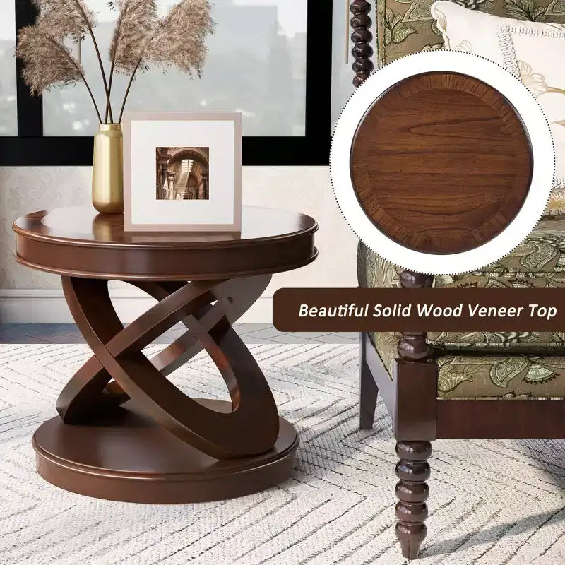 VIYET 20 Retro Round Wooden End Table - X-Shape Base, Solid Wood Veneer, Walnut