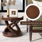VIYET 20 Retro Round Wooden End Table - X-Shape Base, Solid Wood Veneer, Walnut