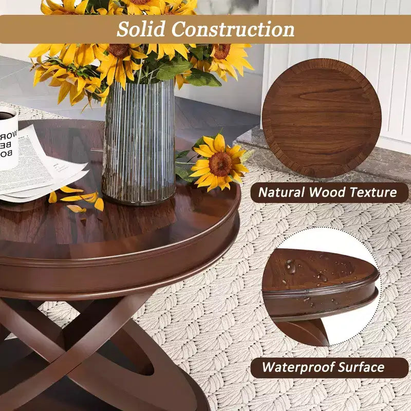 VIYET 20 Retro Round Wooden End Table - X-Shape Base, Solid Wood Veneer, Walnut