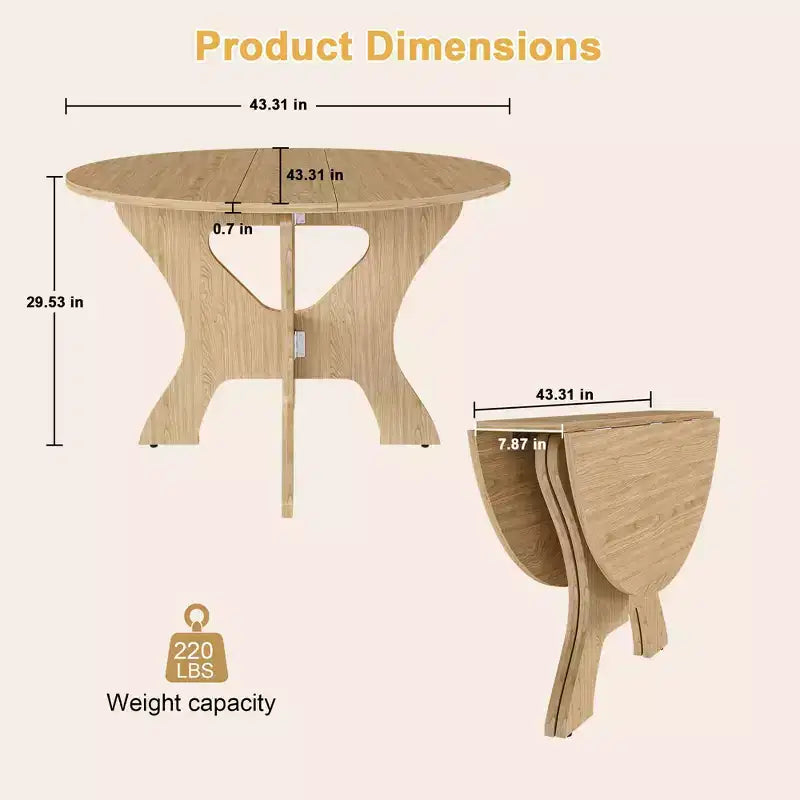 MAYEERTY Foldable Round Dining Table, Space-Saving MDF Kitchen Table with Wild Oak Veneer, Indoor-Outdoor Multi-Purpose Table