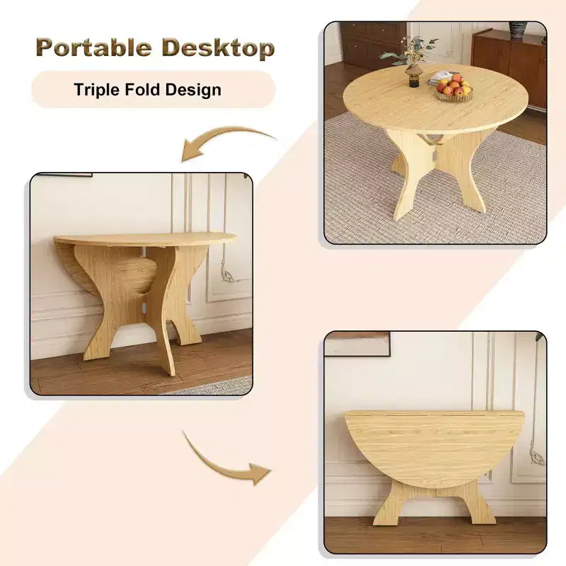 MAYEERTY Foldable Round Dining Table, Space-Saving MDF Kitchen Table with Wild Oak Veneer, Indoor-Outdoor Multi-Purpose Table