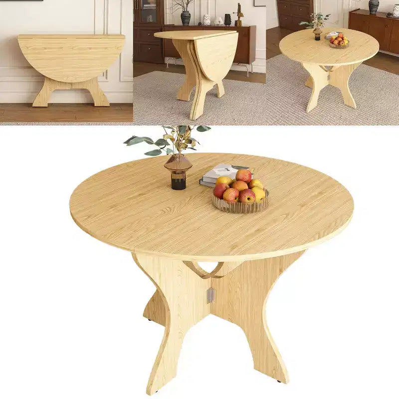 MAYEERTY Foldable Round Dining Table, Space-Saving MDF Kitchen Table with Wild Oak Veneer, Indoor-Outdoor Multi-Purpose Table