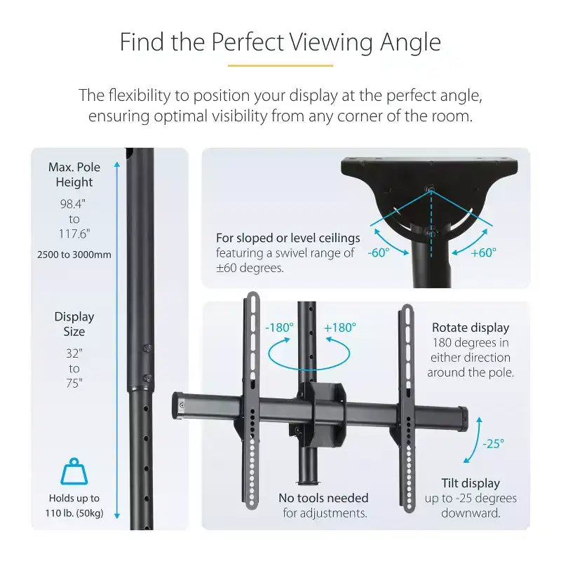 StarTech High Ceiling TV Mount, 8.2ft to 9.8ft Long Pole - Black