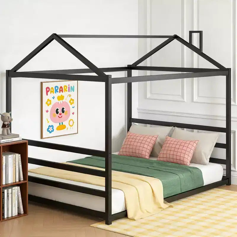 Luxystar Queen Size Metal House Shape Bed, Black
