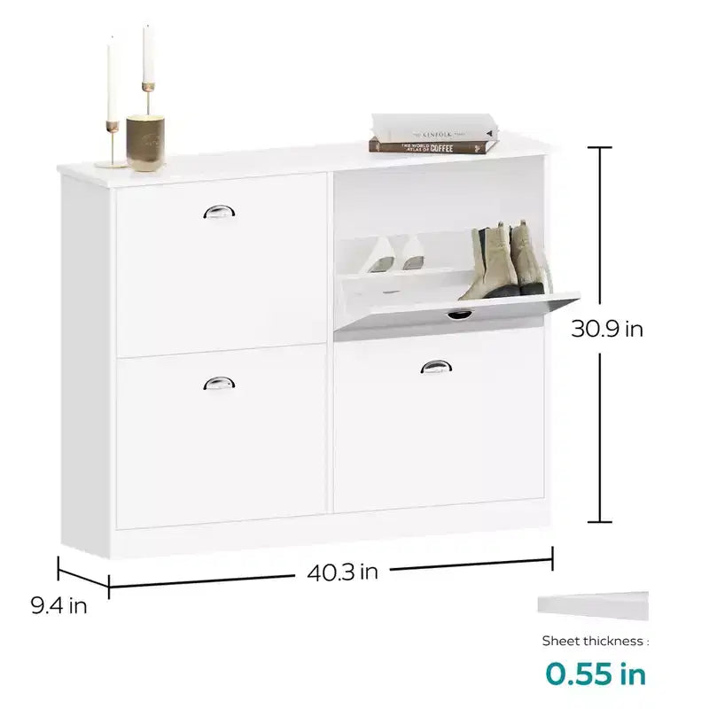 JVNOXK 40-inch Concealed Ultra-Slim Shoe Cabinet with 4 Flip-Top Drawers and Anti-Tip Mechanism, Suitable for Entryways and Bedrooms, White
