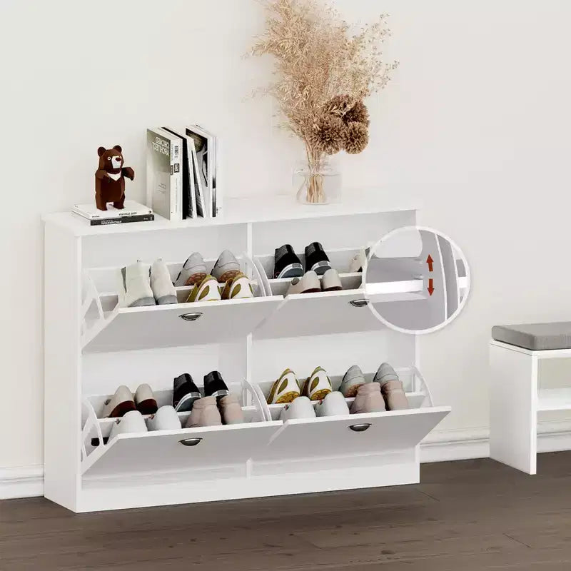 JVNOXK 40-inch Concealed Ultra-Slim Shoe Cabinet with 4 Flip-Top Drawers and Anti-Tip Mechanism, Suitable for Entryways and Bedrooms, White