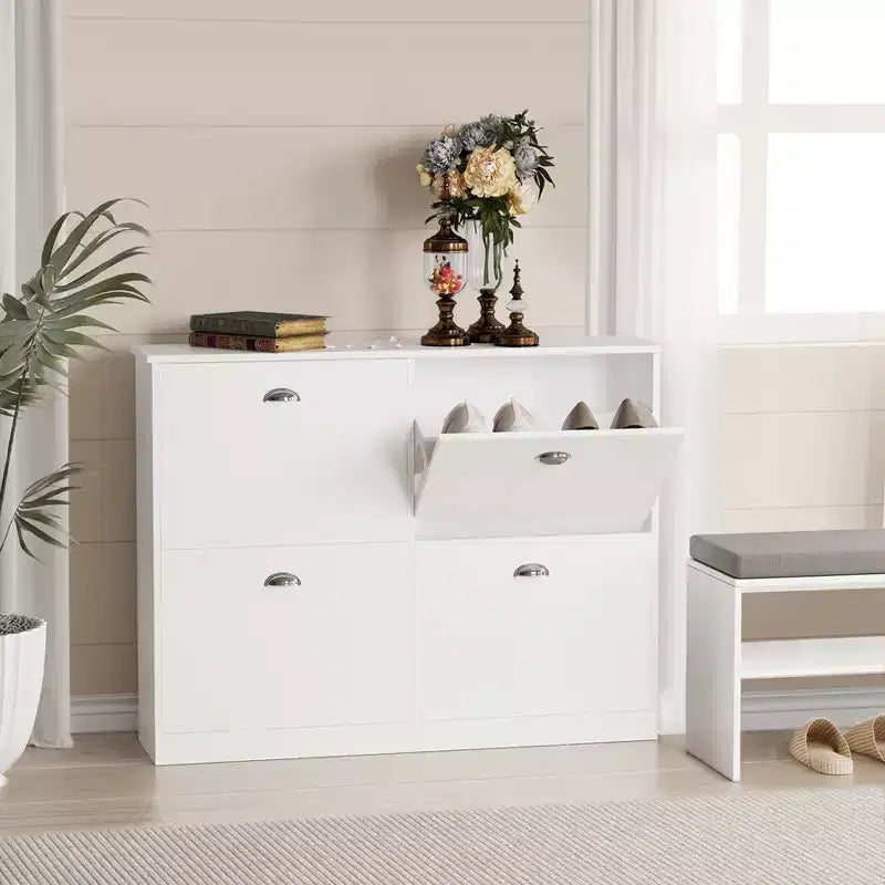 JVNOXK 40-inch Concealed Ultra-Slim Shoe Cabinet with 4 Flip-Top Drawers and Anti-Tip Mechanism, Suitable for Entryways and Bedrooms, White