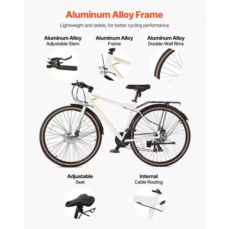 VEVOR Hybrid Bike, Lightweight Aluminum Frame Bike, 700c Wheel Men Women Hybrid Bicycle, Step-Over Adult Urban City Commuter Bikes, White