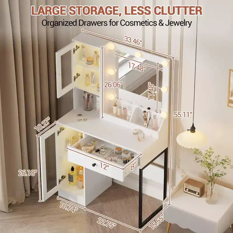 Makeup Vanity Desk with Power Outlet, Modern Vanity Table with Mirror and Lights, 2 Open Compartments