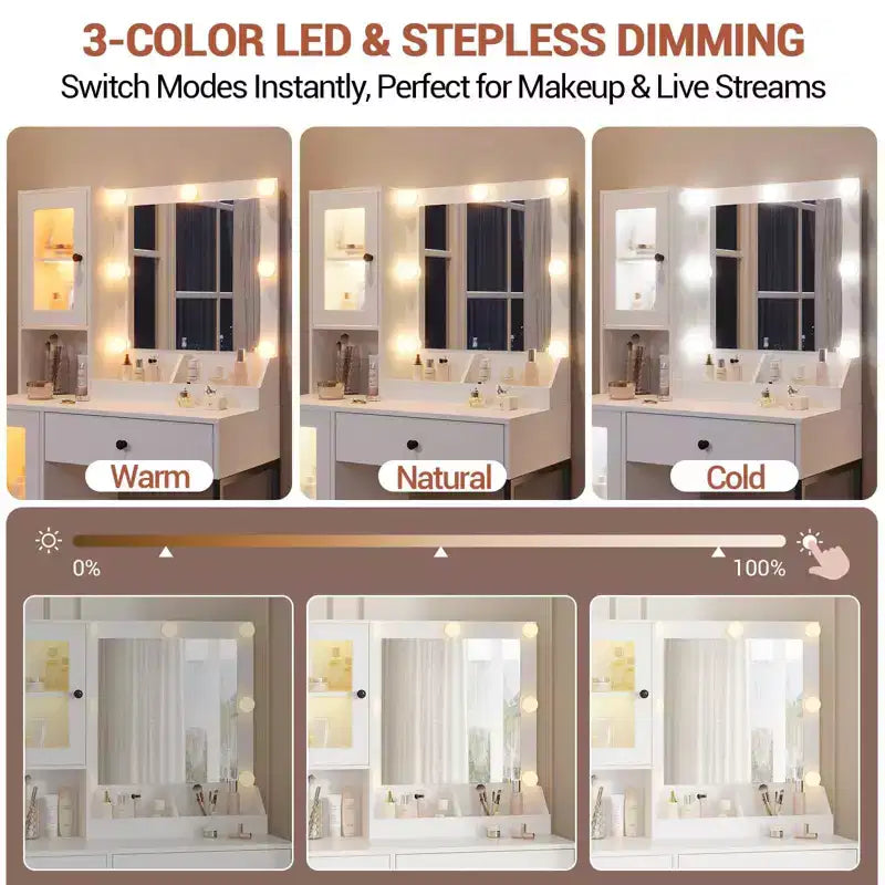 Makeup Vanity Desk with Power Outlet, Modern Vanity Table with Mirror and Lights, 2 Open Compartments