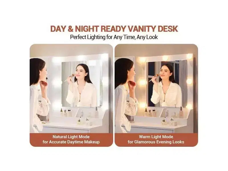 Makeup Vanity Desk with Power Outlet, Modern Vanity Table with Mirror and Lights, 2 Open Compartments