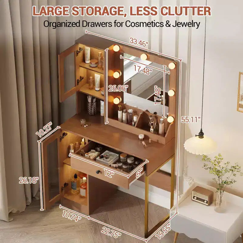 Makeup Vanity Desk with Power Outlet, Modern Vanity Table with Mirror and Lights, 2 Open Compartments