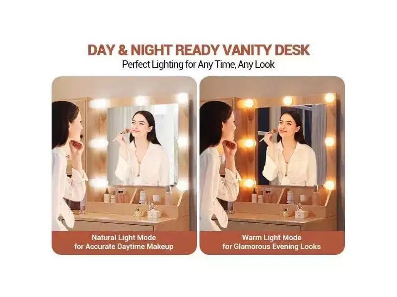 Makeup Vanity Desk with Power Outlet, Modern Vanity Table with Mirror and Lights, 2 Open Compartments