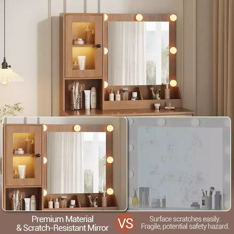 Makeup Vanity Desk with Power Outlet, Modern Vanity Table with Mirror and Lights, 2 Open Compartments