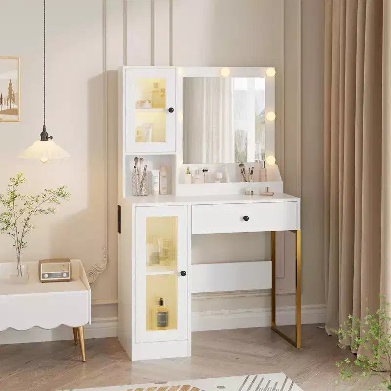 Makeup Vanity Desk with Power Outlet, Modern Vanity Table with Mirror and Lights, 2 Open Compartments