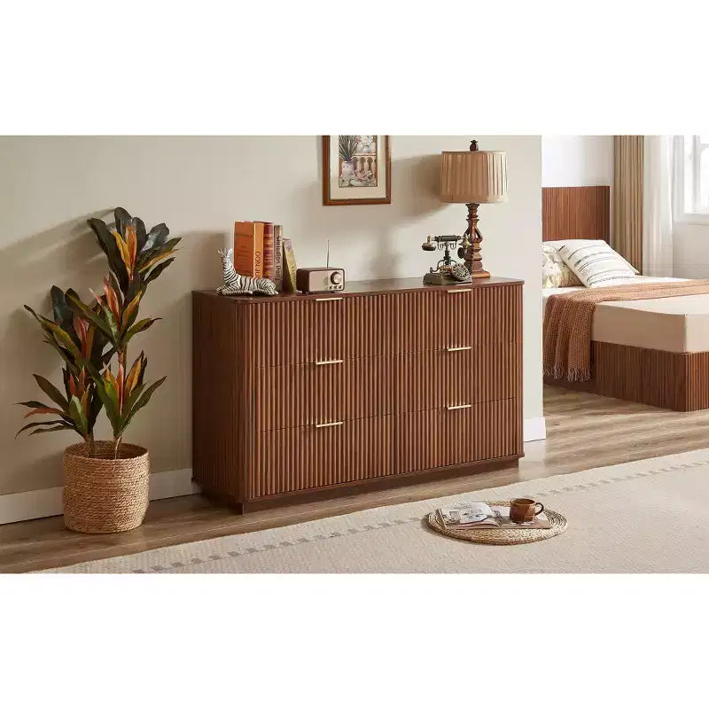 JVNOXK 55-inch Modern 6-Drawer Dressing Table, Curved Wave Design, for Bedroom or Living Room, Wooden Storage Cabinet, Walnut