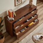 JVNOXK 55-inch Modern 6-Drawer Dressing Table, Curved Wave Design, for Bedroom or Living Room, Wooden Storage Cabinet, Walnut