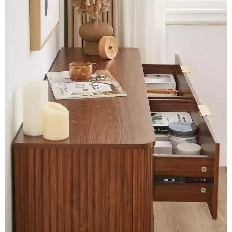 JVNOXK 55-inch Modern 6-Drawer Dressing Table, Curved Wave Design, for Bedroom or Living Room, Wooden Storage Cabinet, Walnut