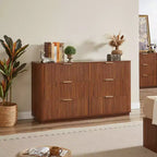 JVNOXK 55-inch Modern 6-Drawer Dressing Table, Curved Wave Design, for Bedroom or Living Room, Wooden Storage Cabinet, Walnut
