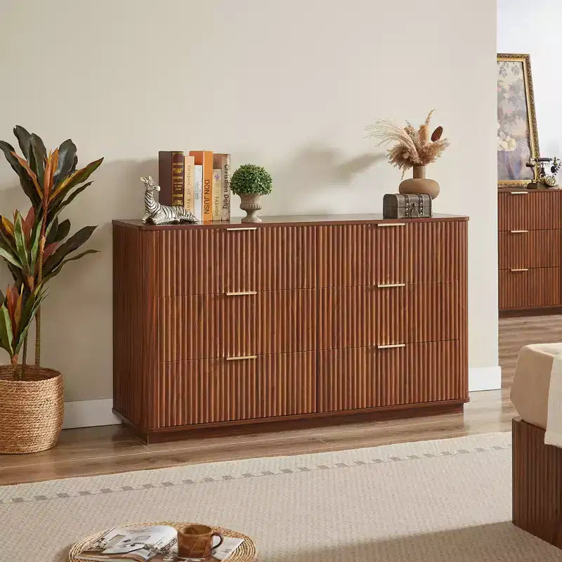 JVNOXK 55-inch Modern 6-Drawer Dressing Table, Curved Wave Design, for Bedroom or Living Room, Wooden Storage Cabinet, Walnut
