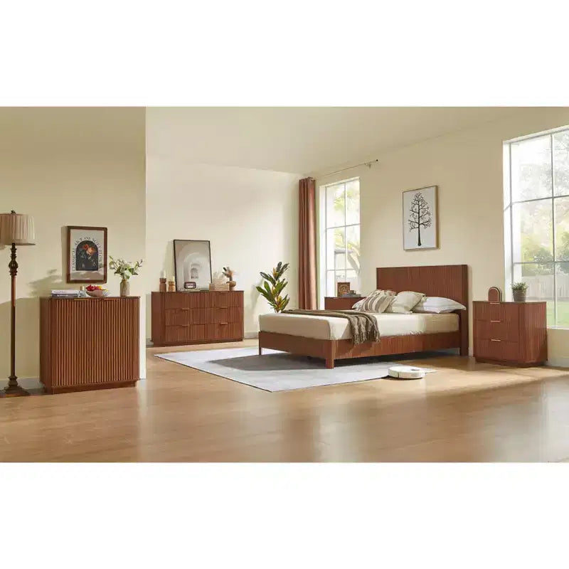 JVNOXK 55-inch Modern 6-Drawer Dressing Table, Curved Wave Design, for Bedroom or Living Room, Wooden Storage Cabinet, Walnut