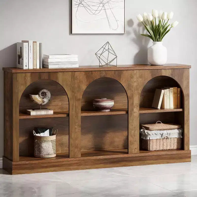 Lantine 63-Inch Narrow Entryway Table with 3-Tier Storage Shelf, Modern Farmhouse Sofa Console Table for Hallway, Living Room, Rustic Brown
