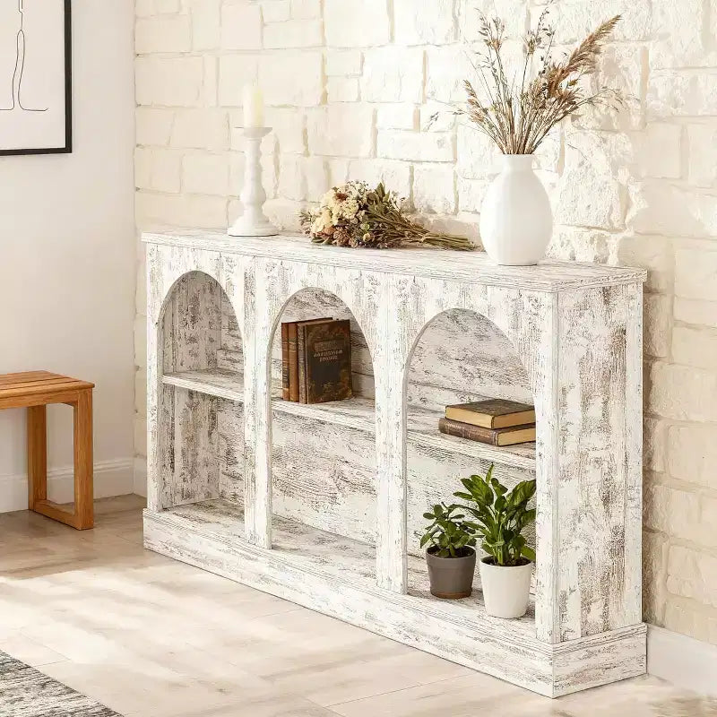 Lantine 63-Inch Narrow Entryway Table with 3-Tier Shelf, Modern Farmhouse Console Table for Hallway, Living Room, Distressed White