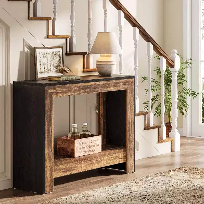 Lantine 41.3-Inch Farmhouse Console Table, Behind Couch Sofa Table with Storage for Living Room, Hallway, Foyer, Black + Brown, Easy Assembly