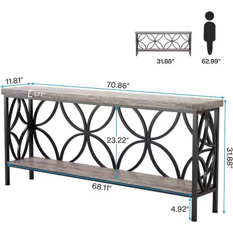 Lantine 70.9-Inch Narrow Industrial Sofa Table with Storage, Vintage Grey, for Entryway, Living Room, Foyer, Unique Design.