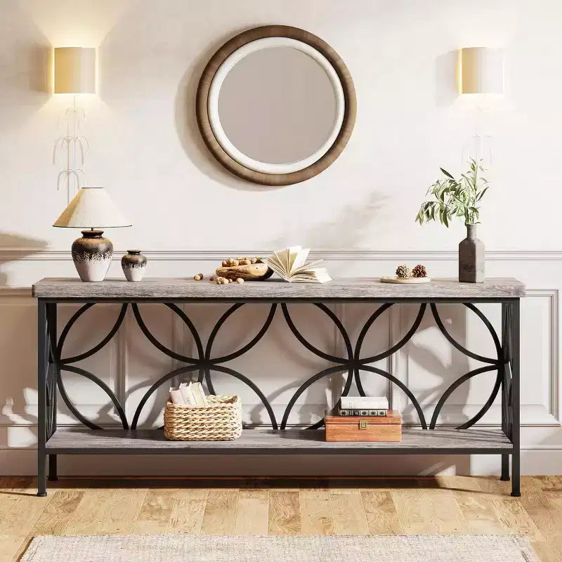 Lantine 70.9-Inch Narrow Industrial Sofa Table with Storage, Vintage Grey, for Entryway, Living Room, Foyer, Unique Design.