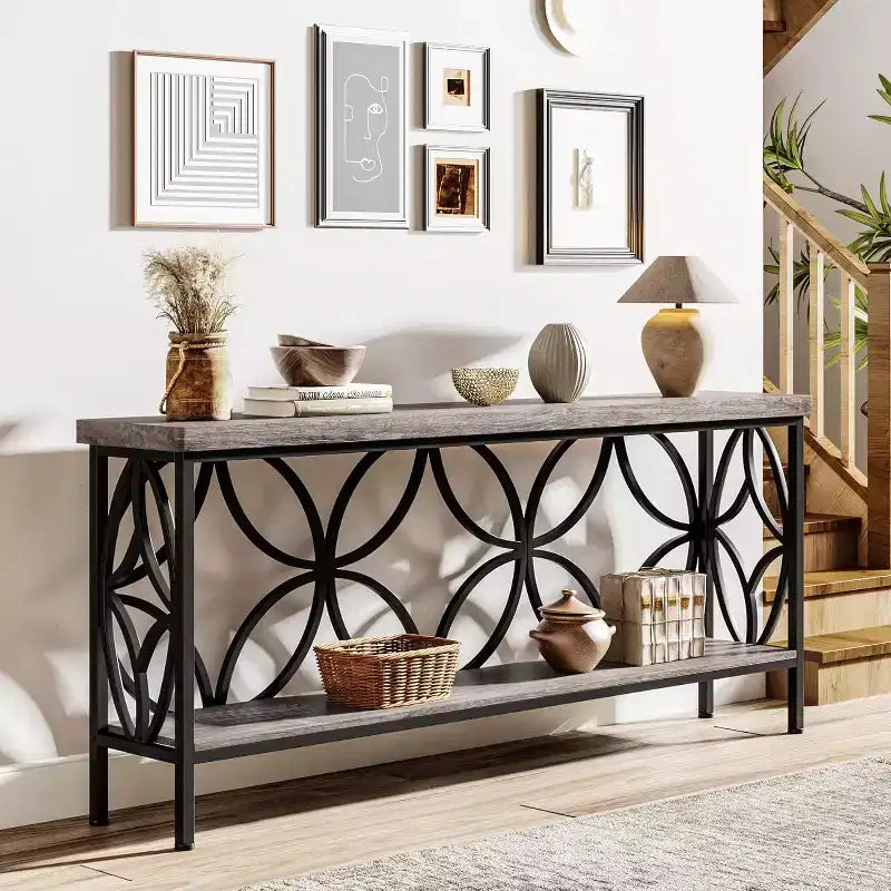 Lantine 70.9-Inch Narrow Industrial Sofa Table with Storage, Vintage Grey, for Entryway, Living Room, Foyer, Unique Design.