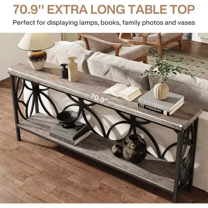 Lantine 70.9-Inch Narrow Industrial Sofa Table with Storage, Vintage Grey, for Entryway, Living Room, Foyer, Unique Design.