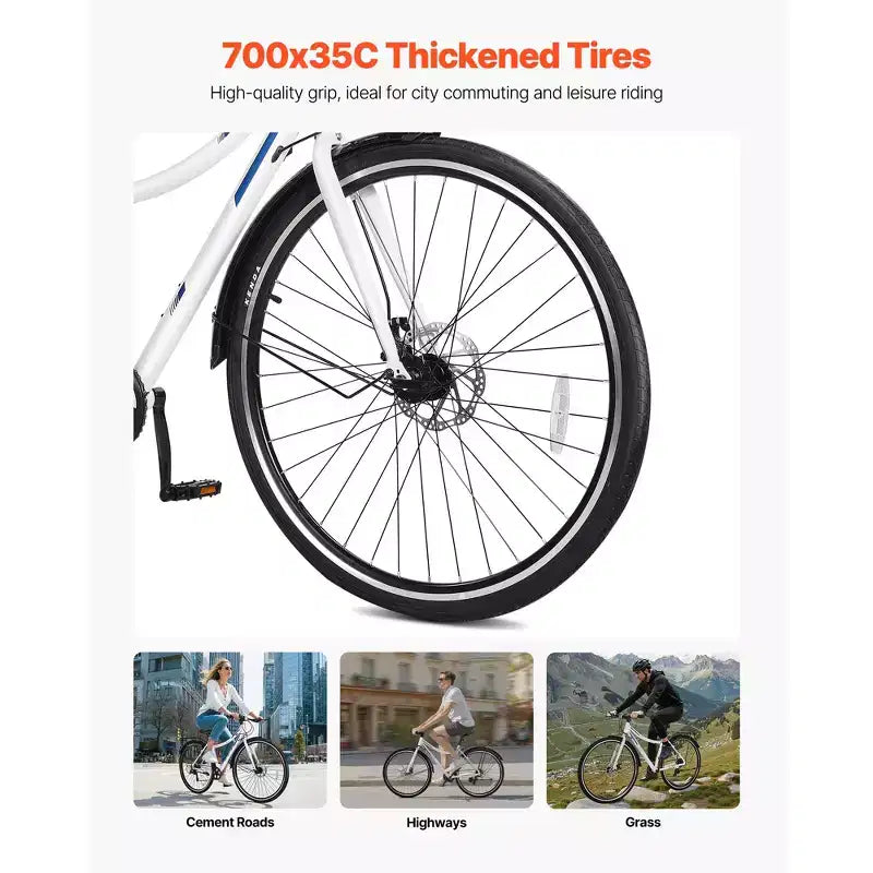 VEVOR Hybrid Bike, Lightweight Aluminum Frame Bike, 700c Wheel Men and Women Hybrid Bicycle, Step-Through Adult Urban City Commuter Bikes, White