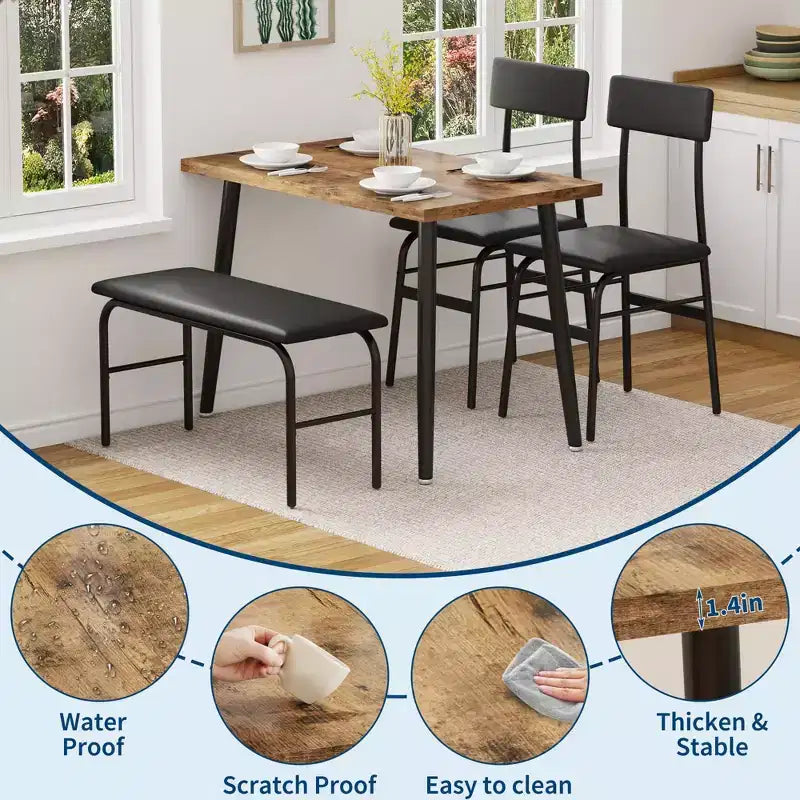 Dining Table Set for 4, Wood Kitchen Table with Upholstered Bench & 2 Chairs, Space-Saving Furniture for Kitchen, Dining Room, Apartment, Retro Style