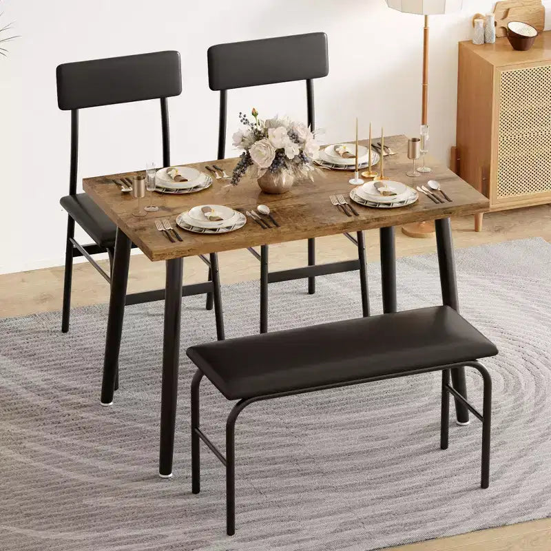 Dining Table Set for 4, Wood Kitchen Table with Upholstered Bench & 2 Chairs, Space-Saving Furniture for Kitchen, Dining Room, Apartment, Retro Style