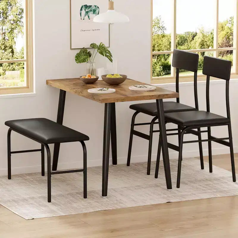 Dining Table Set for 4, Wood Kitchen Table with Upholstered Bench & 2 Chairs, Space-Saving Furniture for Kitchen, Dining Room, Apartment, Retro Style