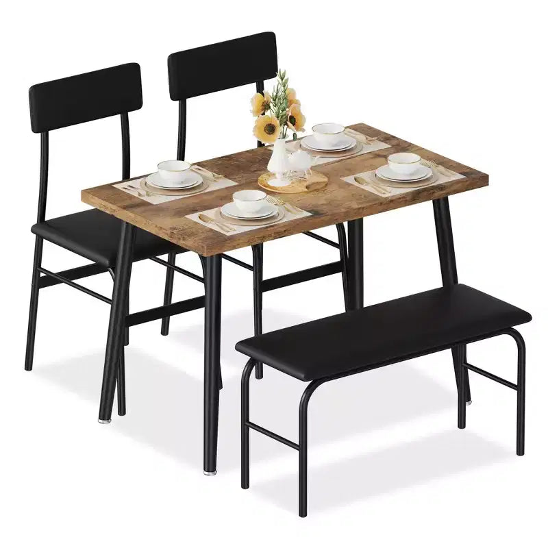 Dining Table Set for 4, Wood Kitchen Table with Upholstered Bench & 2 Chairs, Space-Saving Furniture for Kitchen, Dining Room, Apartment, Retro Style