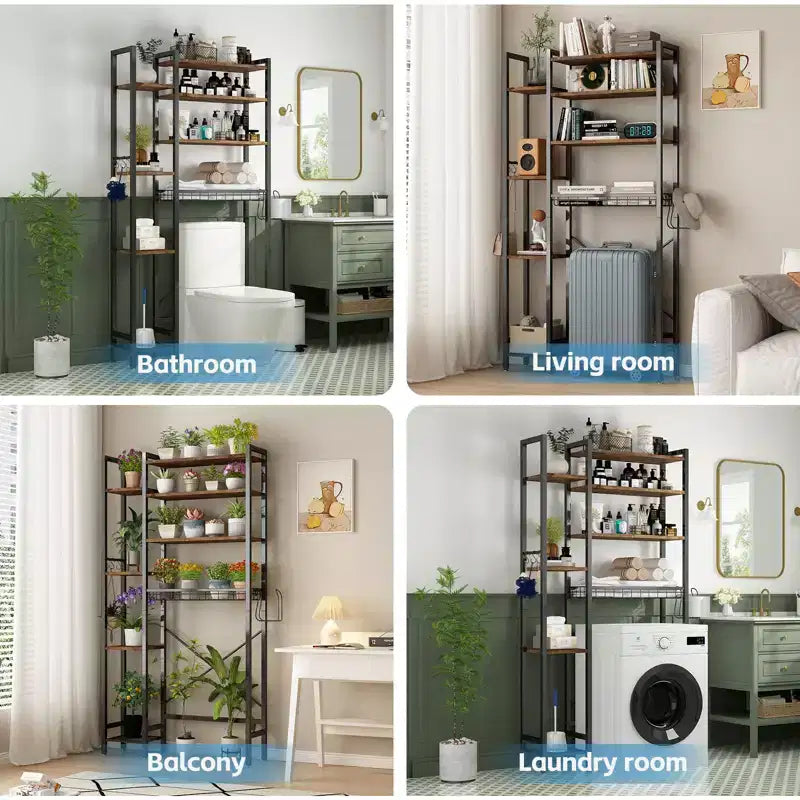 VIYET 38 Fit 8-Tier Over-the-Toilet Storage Rack with Side Racks & Drain Basket, Adjustable Shelf Freestanding Bathroom Organizer (Vintage Brown)