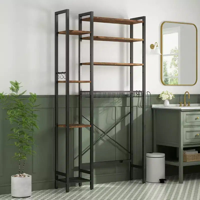 VIYET 38 Fit 8-Tier Over-the-Toilet Storage Rack with Side Racks & Drain Basket, Adjustable Shelf Freestanding Bathroom Organizer (Vintage Brown)
