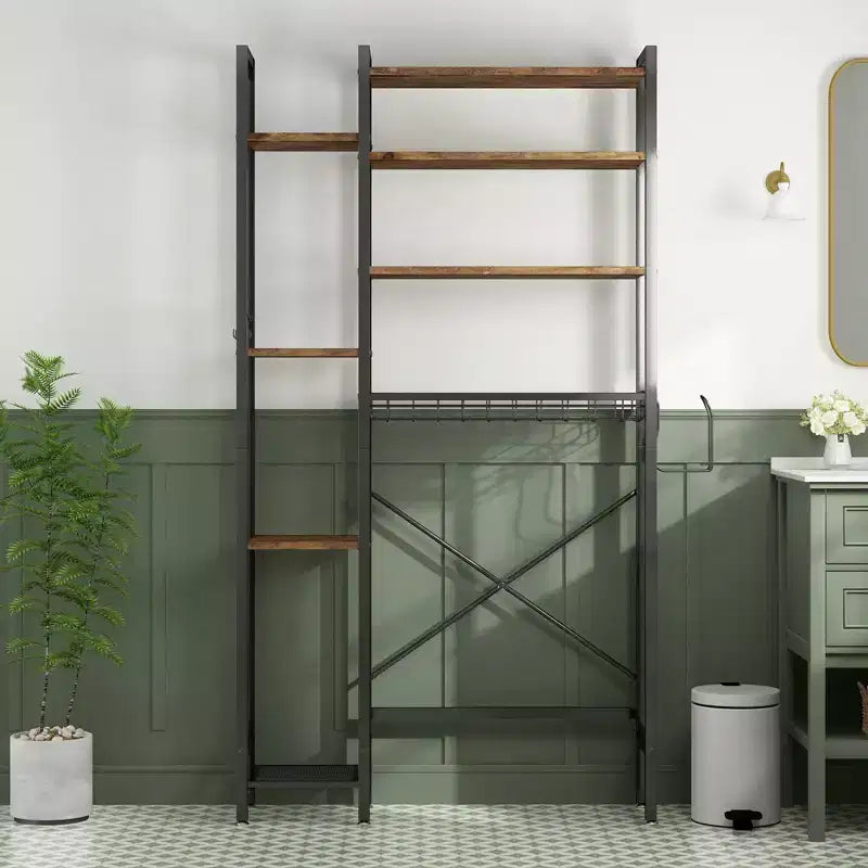VIYET 38 Fit 8-Tier Over-the-Toilet Storage Rack with Side Racks & Drain Basket, Adjustable Shelf Freestanding Bathroom Organizer (Vintage Brown)