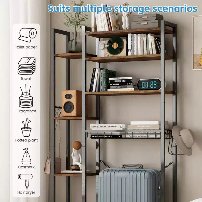 VIYET 38 Fit 8-Tier Over-the-Toilet Storage Rack with Side Racks & Drain Basket, Adjustable Shelf Freestanding Bathroom Organizer (Vintage Brown)