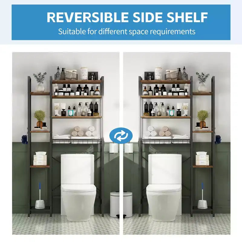VIYET 38 Fit 8-Tier Over-the-Toilet Storage Rack with Side Racks & Drain Basket, Adjustable Shelf Freestanding Bathroom Organizer (Vintage Brown)