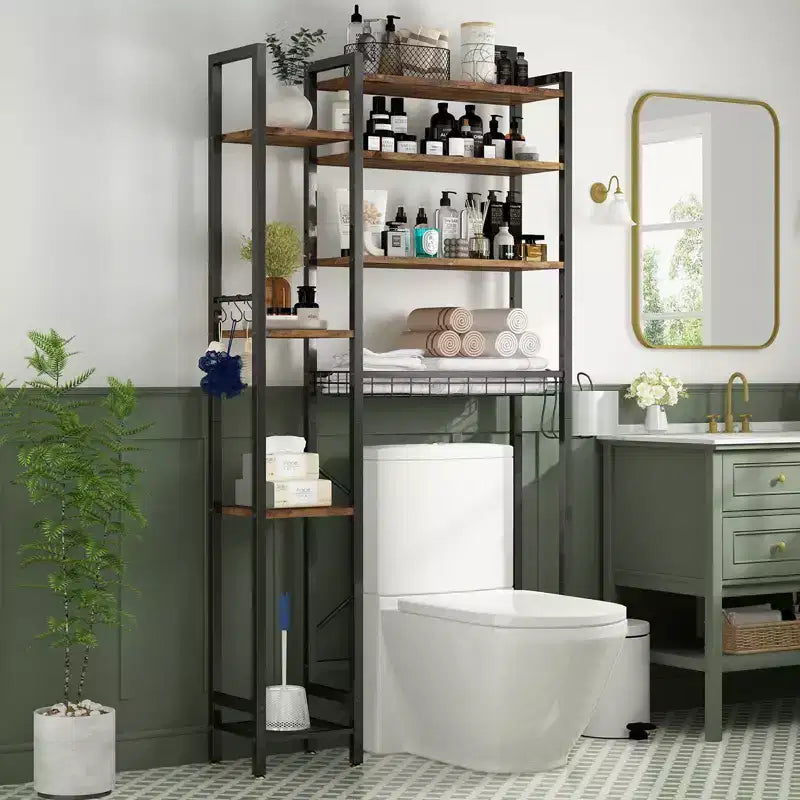 VIYET 38 Fit 8-Tier Over-the-Toilet Storage Rack with Side Racks & Drain Basket, Adjustable Shelf Freestanding Bathroom Organizer (Vintage Brown)