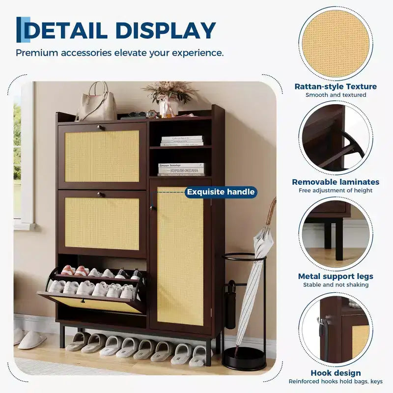 Shoe Storage Cabinet with 4 Flip Drawers, Hidden Shoe Storage Organizer with Rattan Doors, Freestanding Shoe Rack Cabinet For Living Room, Brown