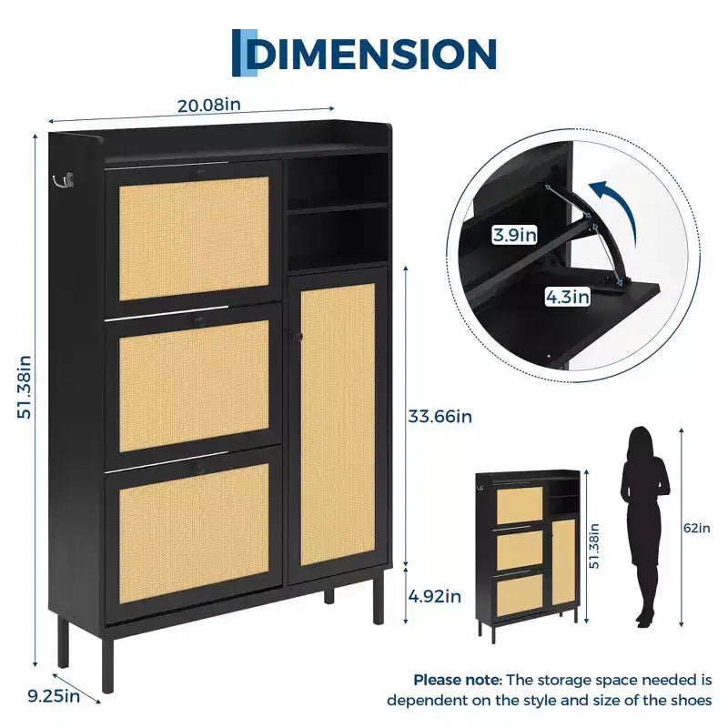 Shoe Storage Cabinet with 4 Flip Drawers, Hidden Shoe Storage Organizer with Rattan Doors, Freestanding Shoe Rack Cabinet For Living Room, Brown