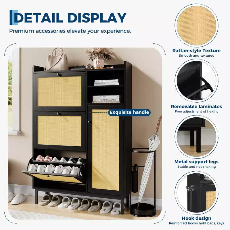 Shoe Storage Cabinet with 4 Flip Drawers, Hidden Shoe Storage Organizer with Rattan Doors, Freestanding Shoe Rack Cabinet For Living Room, Brown